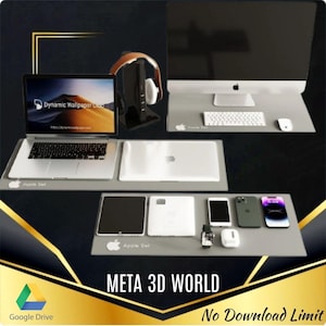 May include: A gray desk with a variety of Apple products, including a laptop, desktop computer, tablet, phone, and smartwatch. The desk also has a pair of headphones and a mouse. The text "META 3D WORLD" and "No Download Limit" is visible on the desk.