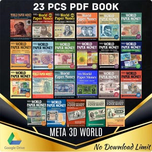 Może przedstawiać: Kolekcja 23 książek PDF zatytułowanych "World Paper Money". Okładki przedstawiają banknoty z różnych krajów i epok. Tekst "META 3D WORLD" jest wyświetlany pod książkami.