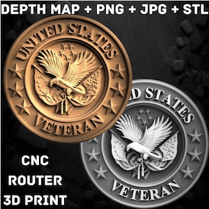 Design de moeda e medalha Veteran Eagle - Design de gravação a laser de fibra 3D, PNG, JPEG, mapa de profundidade, para gravação CNC e a laser - Download digital