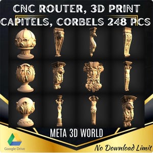 Paquete de muebles con capiteles y ménsulas, 248 piezas: modelo STL 3D para enrutador CNC, relieve, Artcam, Aspire, grabador, máquina de tallado, archivo de impresión 3D