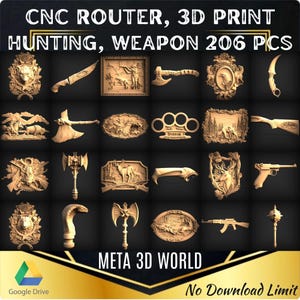 Paquete de armas para caza y pesca, 206 piezas: modelo STL 3D para enrutador CNC, relieve, Artcam, Aspire, grabador, máquina de tallado, archivo de impresión 3D
