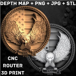 Design de moeda e medalha da American Eagle - Design de gravação a laser de fibra 3D, PNG, JPEG, mapa de profundidade, para gravação CNC e a laser - Download digital