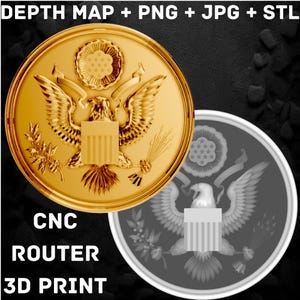 États-Unis d'Amérique, Eagle Coin Design - Conception de gravure laser à fibre 3D, PNG, Jpeg, carte de profondeur, pour gravure CNC et laser
