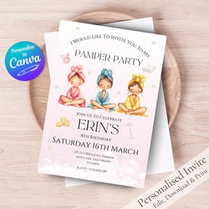 Editable Little Girls Pamper Party Invitation Template - Spa Party Invite for Kids - DIY Printable Birthday Invitation