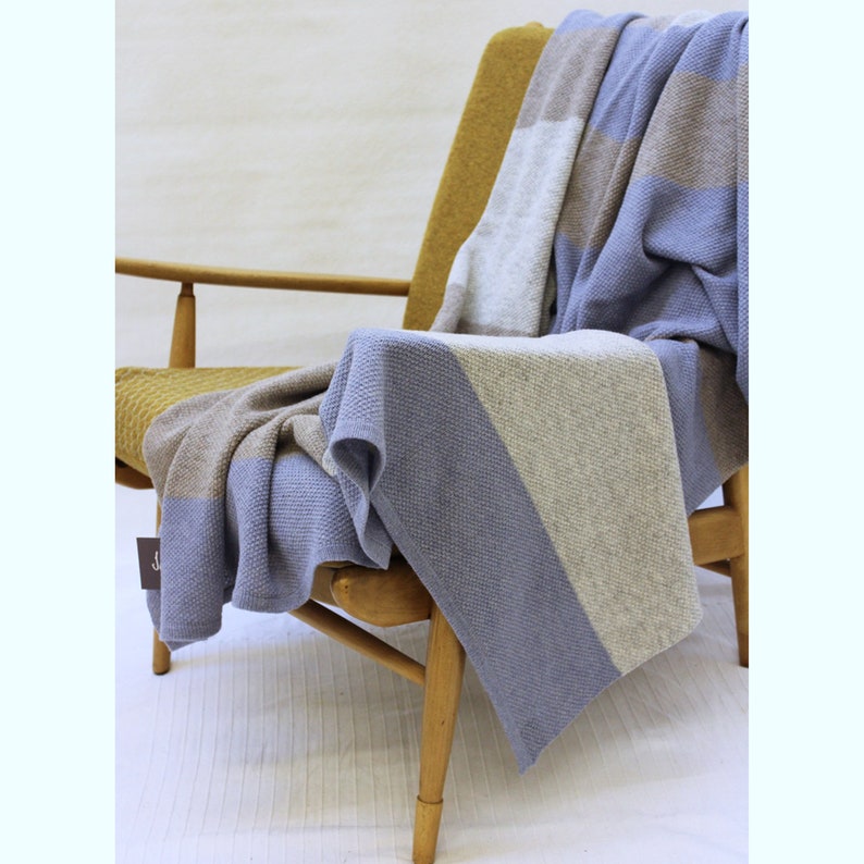 Colour block merino wool throw in blues/natural/grey image 1