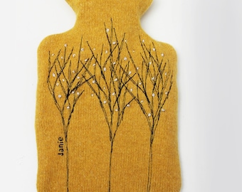 Hot water bottle in GOLD   Treeline  embroidery 1 litre