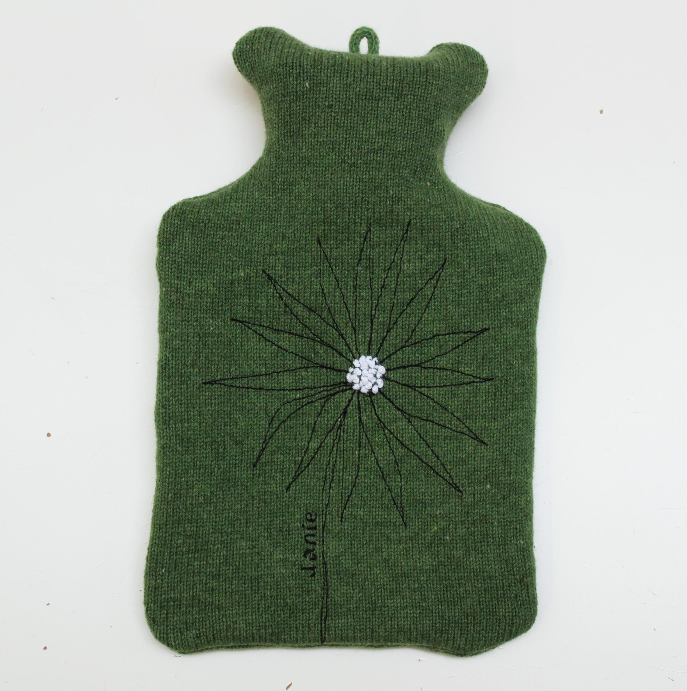 Green Merino wool embroidered Lazy Daisy 1 L Hot water bottle