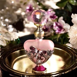 Puede incluir: Un frasco de perfume rosa con un tapón de cristal facetado y un diseño decorativo de libélula. El frasco se encuentra sobre una bandeja dorada, rodeado de flores blancas y moradas. La base del frasco es de color magenta oscuro.