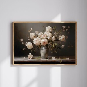 Arte de pared con flores vintage, póster con estampado de jarrón de rosas, pintura botánica horizontal, decoración minimalista moderna para el hogar, decoración de pared elegante