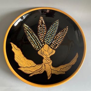 Vintage Wisconsin Pottery Harvest Corn Platter | K&K Interiors 12” Decorative Redware Plate. Prized Possessions USA.