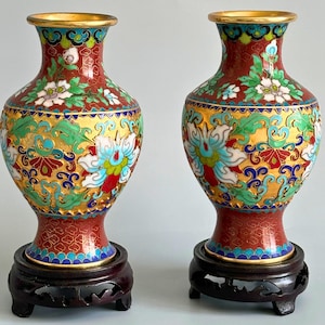 Vintage Pair Chinese Champlevé Cloisonné Miniature Vases with Stands. Prized Possessions USA.