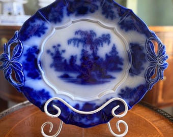 Antique Flow Blue Ironstone Platter; J&G Alcock Scinde Pattern, c. 1840s, 15.5”L. Prized Possessions USA