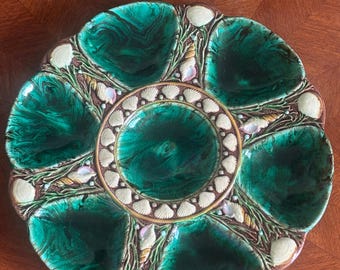Rare Minton Majolica Oyster Plate Malachite Glaze 1323 Antique England. Prized Possessions USA.