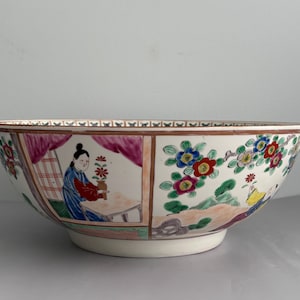 Vintage Famille Rose Porcelain Punch Bowl: Hand-Painted Chinese Decor (13.25&quot; Diameter). Prized Possessions USA.