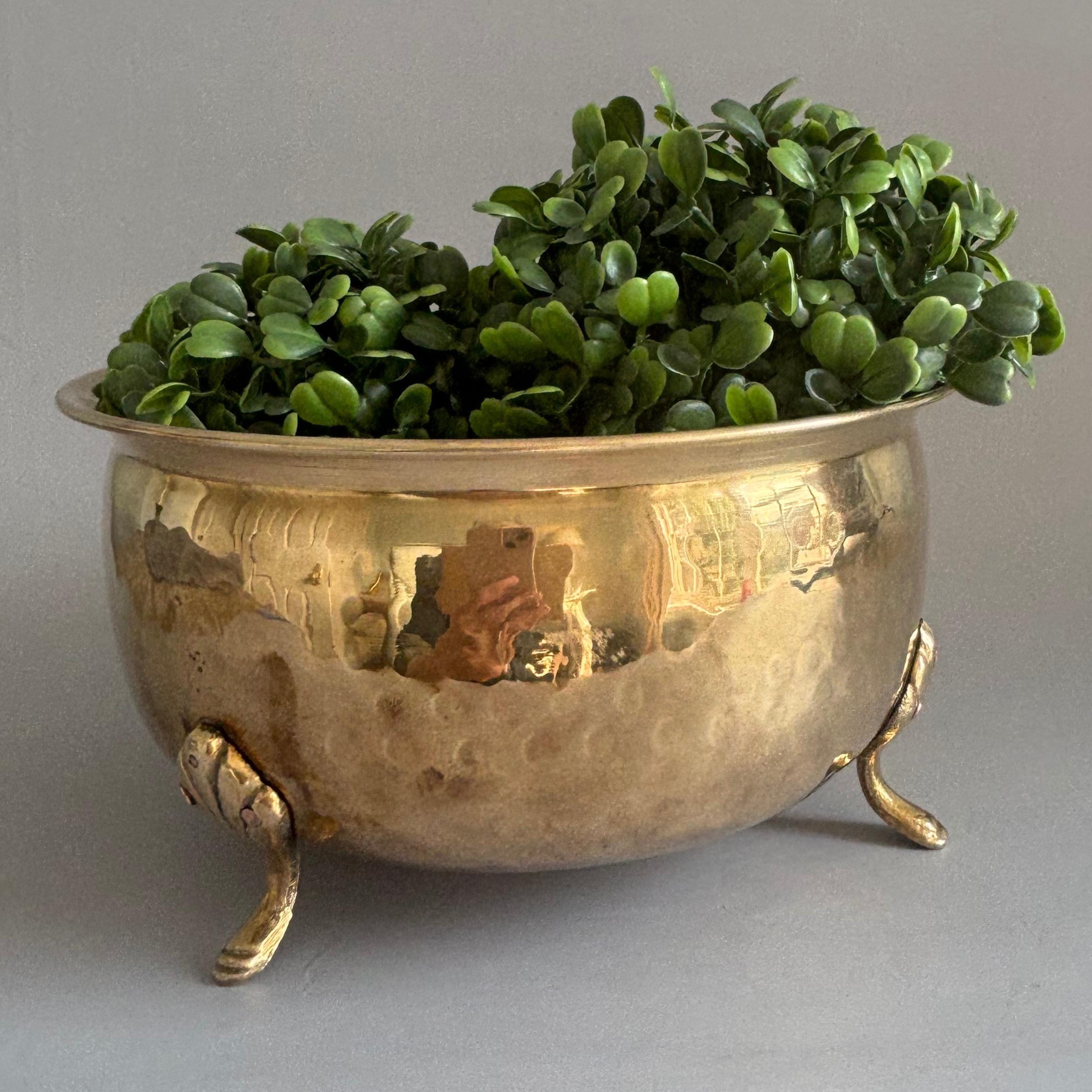 Vintage Hammered Brass Pedestal Bowl With Claw Feet: Decorative