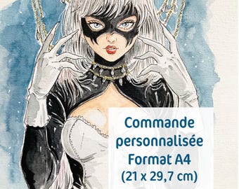 May include: A watercolor painting of a woman with white hair and a black mask. She is wearing a black and white outfit and has a gold necklace. The painting is in a A4 format (21 x 29.7 cm).