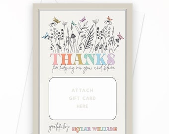 Personalized Thank You Gift Card Holder, Floral Thanks for Helping Me Grow and Bloom Printable Gift Card Holder, Wildflowers and Butterflies