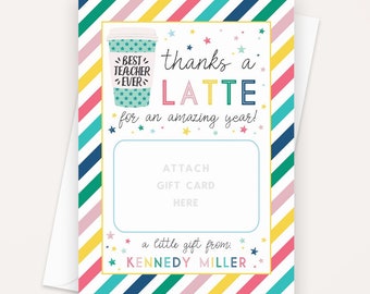 Personalized Teacher Gift Card Holder Thanks a Latte, Teacher Appreciation Gift, Printable DIY Digital, End of School Gift for Educator
