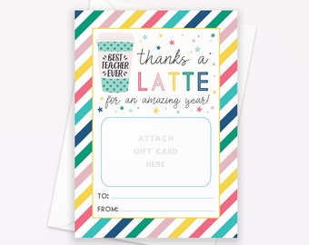 Printable Teacher Gift Card Holder Thanks a Latte, Teacher Appreciation, Instant Download Digital, End of School Gift for Educator