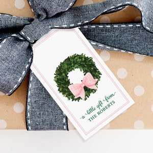 Custom Gift Tags, Personalized Hang Tags, Wreath and Pink Bow Tags, Family Stationery, Personalized Favor Tags, Gift Tags with Name Boxwood image 2