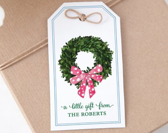 Personalized Gift Tags, Pink Bow Wreath Tag, Preppy Gift Tags, Custom Hang Tag, Family Gift Card, Boxwood Wreath Party Gift Tags  {Boxwood