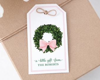 Custom Gift Tags, Personalized Hang Tags, Wreath and Pink Bow Tags, Family Stationery, Personalized Favor Tags, Gift Tags with Name {Boxwood