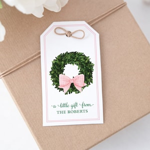 Custom Gift Tags, Personalized Hang Tags, Wreath and Pink Bow Tags, Family Stationery, Personalized Favor Tags, Gift Tags with Name Boxwood image 1