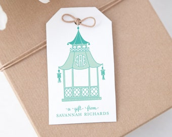 Monogram Gift Tag, Pagoda Gift Tag, Personalized Hanging Card, Monogrammed, Enclosure Card, Chinoiserie, Custom Stationery for Her {Pagoda}