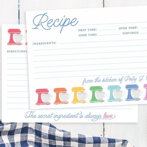 Modern Recipe Card, Personalized Recipe Cards Printed or Printable, Recipe Cards Bridal Shower, Personalized Gift for Her Rainbow Mixer image 1