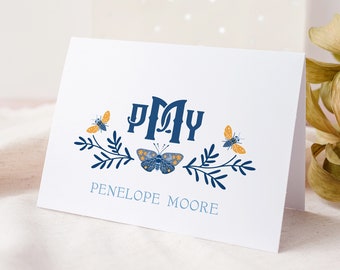 Personalized Thank You Cards Butterfly, Monogram Note Cards with Envelopes, Custom Thank You Notes Floral, Blue Notecards Blank  {Penelope}