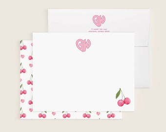 Monogram Note Cards, Cherry Stationery, Personalized Notecards, Thank You Notes, Stationery Set Initials, Teacher Gift for Her {Cherry Bomb}