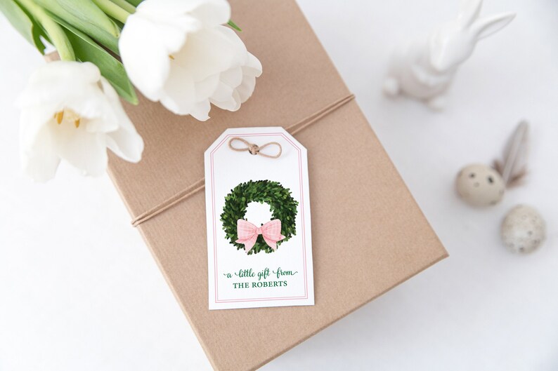 Custom Gift Tags, Personalized Hang Tags, Wreath and Pink Bow Tags, Family Stationery, Personalized Favor Tags, Gift Tags with Name Boxwood image 1