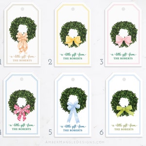 Custom Gift Tags, Personalized Hang Tags, Wreath and Pink Bow Tags, Family Stationery, Personalized Favor Tags, Gift Tags with Name Boxwood image 4