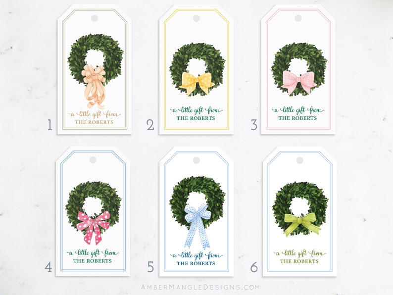Custom Gift Tags, Personalized Hang Tags, Wreath and Pink Bow Tags, Family Stationery, Personalized Favor Tags, Gift Tags with Name Boxwood image 4