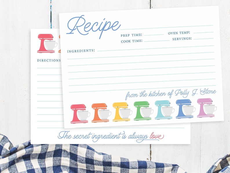 Modern Recipe Card, Personalized Recipe Cards Printed or Printable, Recipe Cards Bridal Shower, Personalized Gift for Her Rainbow Mixer image 1