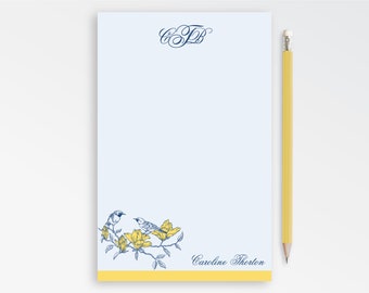Bird Personalized Notepad with Monogram, Cute Flower Desk pad for Woman
