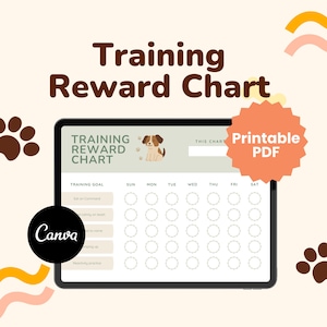 Op de afbeelding: Een digitale beloningskaart voor hondentraining, met een lichtbeige achtergrond, bruine pootafdrukken en decoratieve vormen. De kaart bevat een sectie voor trainingsdoelen en een wekelijkse tracker. De tekst "Training Reward Chart" is prominent.
