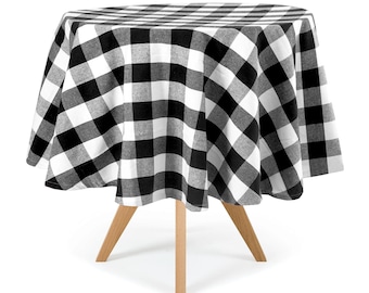 60" Round Cotton Tablecloth: Black Checked Table Cover, Buffalo Plaid Tablecloth, Farmhouse Decor