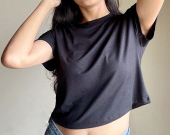 Black Cotton Crop Top: High Neck Short Sleeve T-Shirt