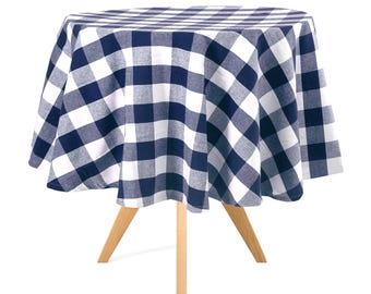 70inch Round Tablecloths, Navy Blue Cotton Tablecloth, Checked Farmhouse Table Cover, Wedding Table Decor