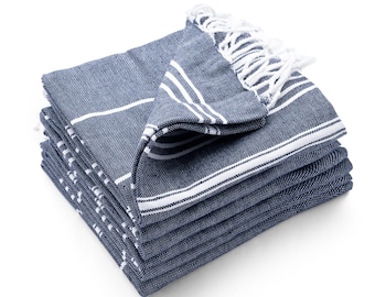 Set of 6 Blue Striped Turkish Cotton Kitchen Towels, Farmhouse Dish Towels