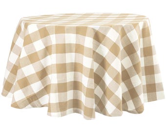 Beige Cotton Tablecloths 70inch, Farmhouse Round Tablecloths, Buffalo Plaid Table Cover, Housewarming Decor