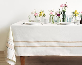 Beige Tablecloth, Ticking Stripe, Farmhouse Cloth Dining Decor, Summer Outdoor Table cloth
