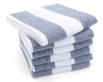 Set of 6 Navy Striped Cotton Kitchen Dish Towels (18 x 28")