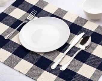 Navy Blue Buffalo Plaid Cotton Placemats Set of 4, Farmhouse Checkered Tablemats (13x18")