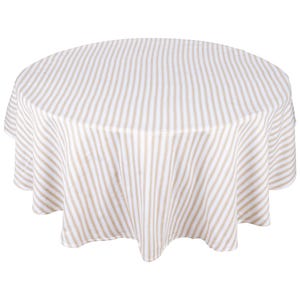 Beige Striped Round Tablecloth: 63&quot; Cotton Farmhouse Table Cover