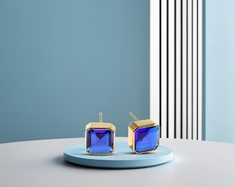Blue Sapphire Earrings: 18K Gold Plated, September Birthstone Earrings, Studs Earring for women