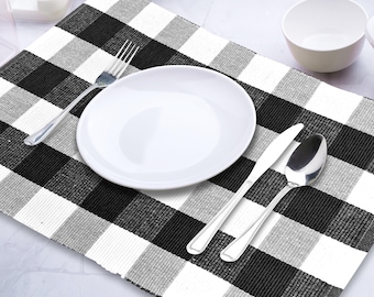 Rectangle Tablemats Set of 4, Black and White Buffalo Plaid Placemats, Checkered Tablemats, 13x18"