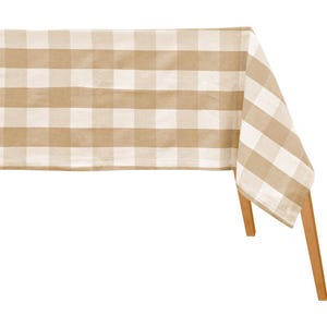 May include: A beige and white checkered tablecloth draped over a wooden table. The tablecloth has a gingham pattern.