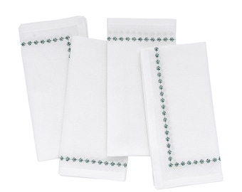 Green Napkins Set of 4, White Dinner Napkins 18x18", Snowflake Embroidery, DiningTable Decor